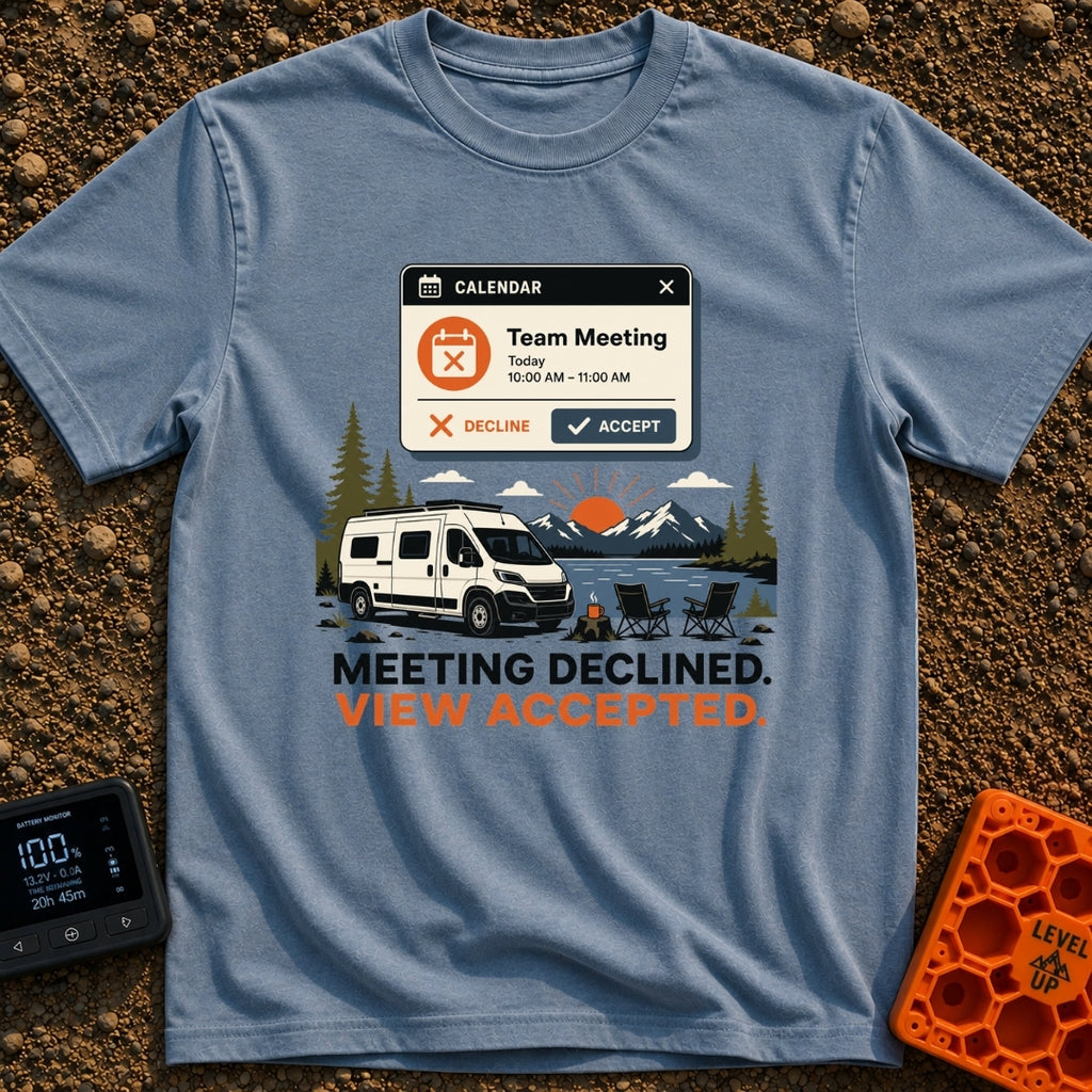 Meeting Declined View Accepted - T-Shirt in Blue Jean - A digital calendar pop-up showing a "Team Meeting" invitation...