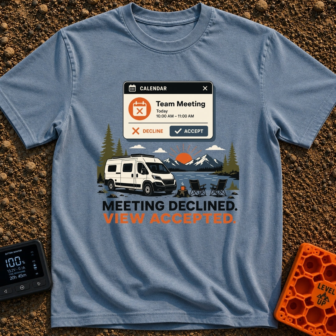 Meeting Declined View Accepted - T-Shirt in Blue Jean - A digital calendar pop-up showing a "Team Meeting" invitation...