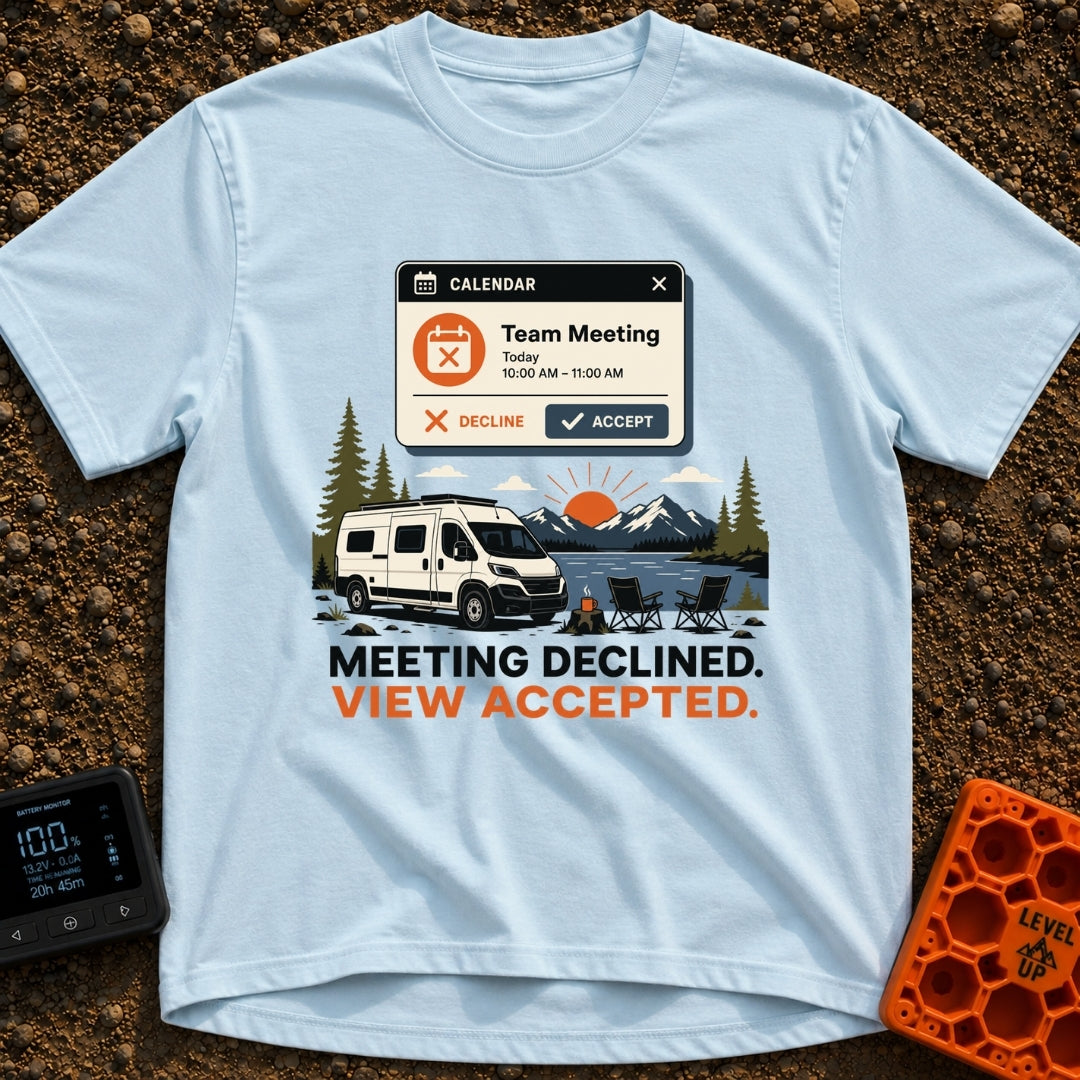 Meeting Declined View Accepted - T-Shirt in Chambray - A digital calendar pop-up showing a "Team Meeting" invitation...
