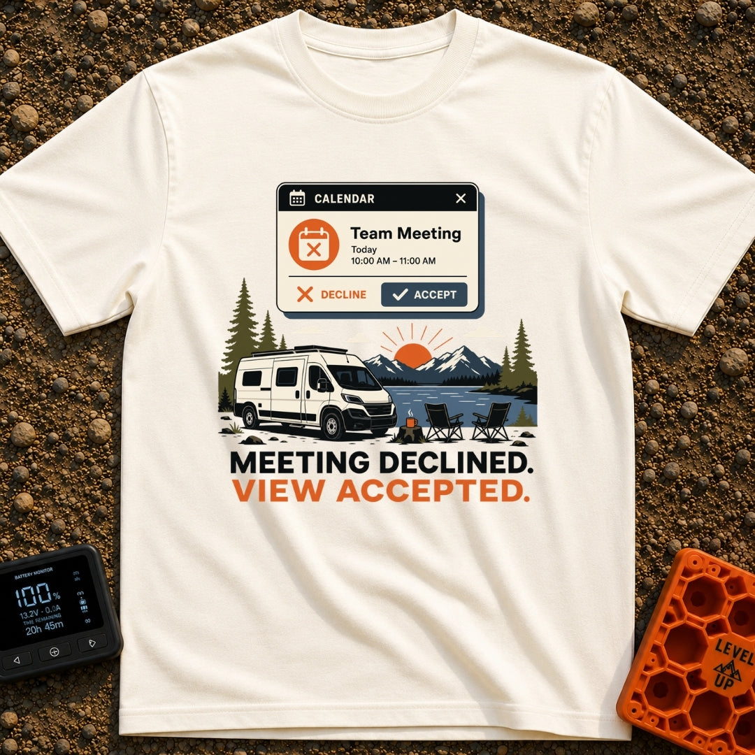 Meeting Declined View Accepted - T-Shirt in Ivory - A digital calendar pop-up showing a "Team Meeting" invitation above...