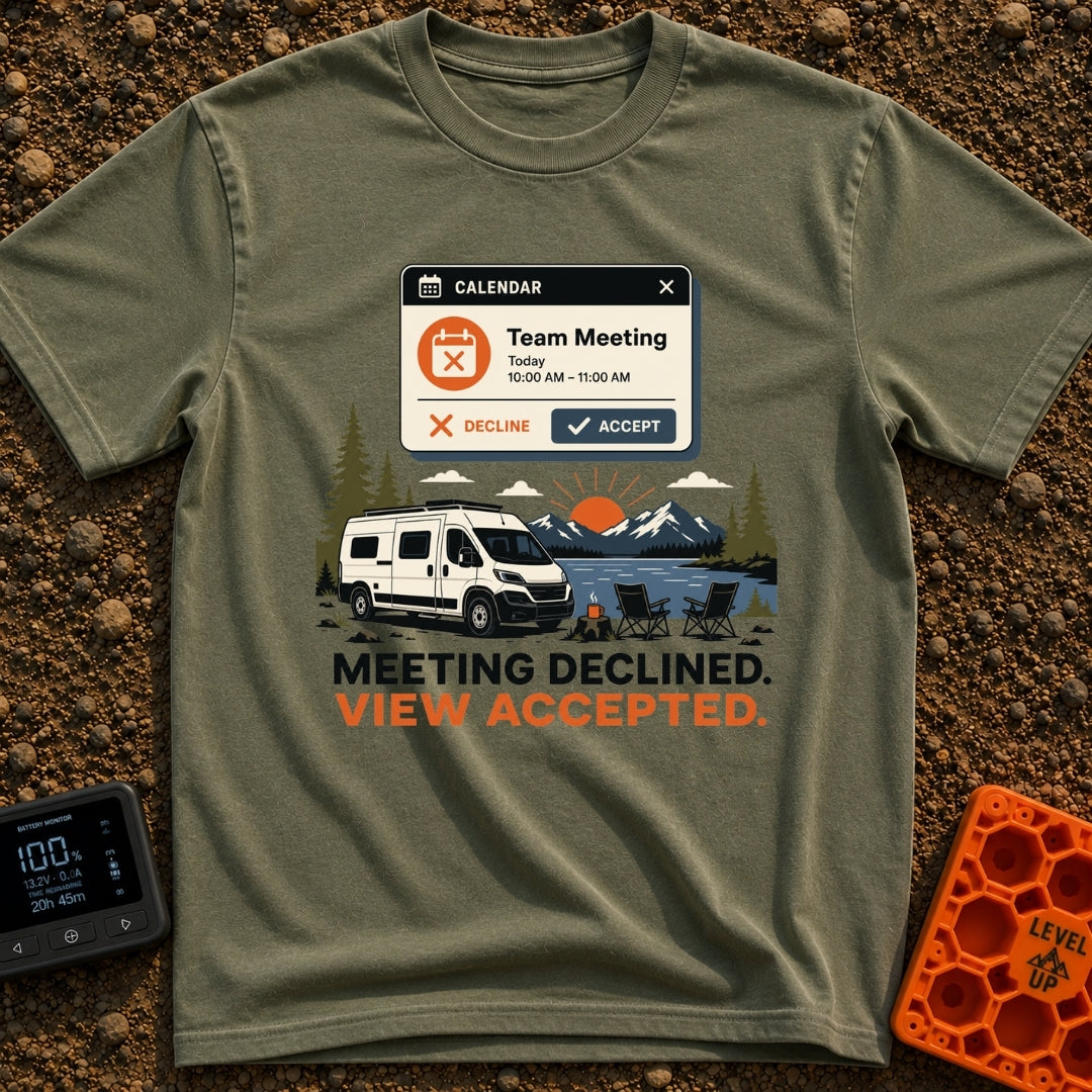 Meeting Declined View Accepted - T-Shirt in Moss - A digital calendar pop-up showing a "Team Meeting" invitation above an...