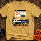 Meeting Declined View Accepted - T-Shirt in Mustard - A digital calendar pop-up showing a "Team Meeting" invitation above...