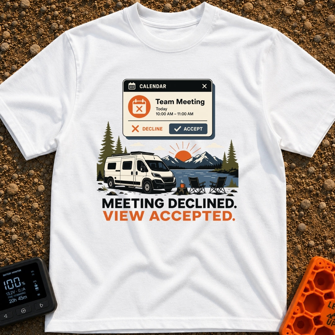 Meeting Declined View Accepted - T-Shirt in White - A digital calendar pop-up showing a "Team Meeting" invitation above...