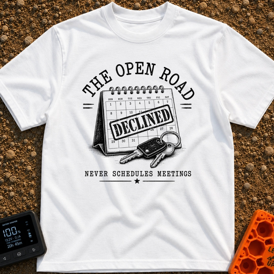 Meeting Declined Gone Camping - T-Shirt in White - A black and white illustration of a desk calendar with a large...