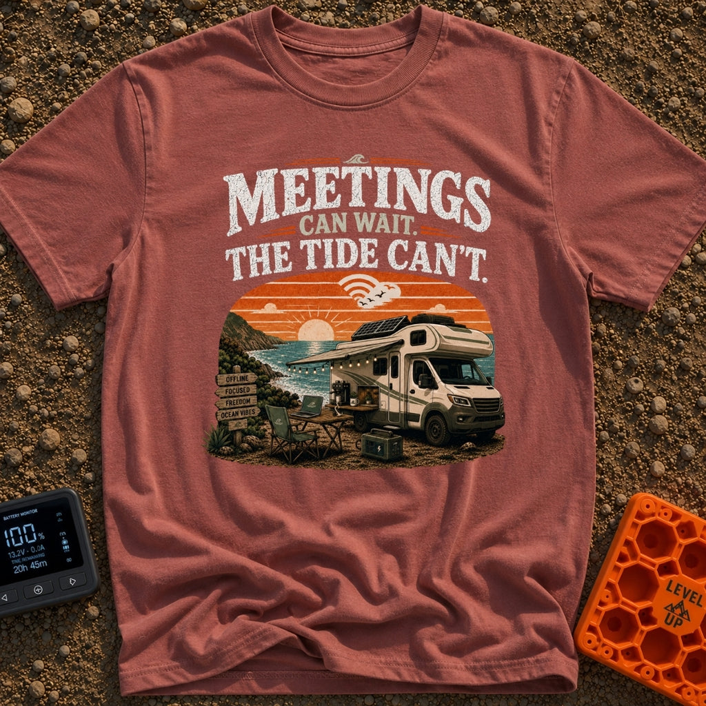 Catch Tides Not Meetings - T-Shirt in Brick - A white motorhome parked on a rocky coastline at sunset, featuring a...