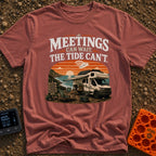 Catch Tides Not Meetings - T-Shirt in Brick - A white motorhome parked on a rocky coastline at sunset, featuring a...