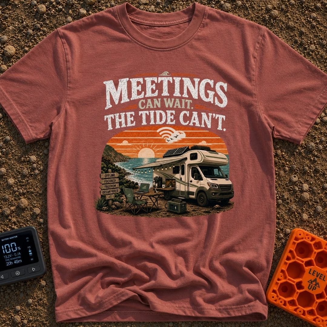 Catch Tides Not Meetings - T-Shirt in Brick - A white motorhome parked on a rocky coastline at sunset, featuring a...