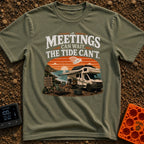 Catch Tides Not Meetings - T-Shirt in Moss - A white motorhome parked on a rocky coastline at sunset, featuring a...
