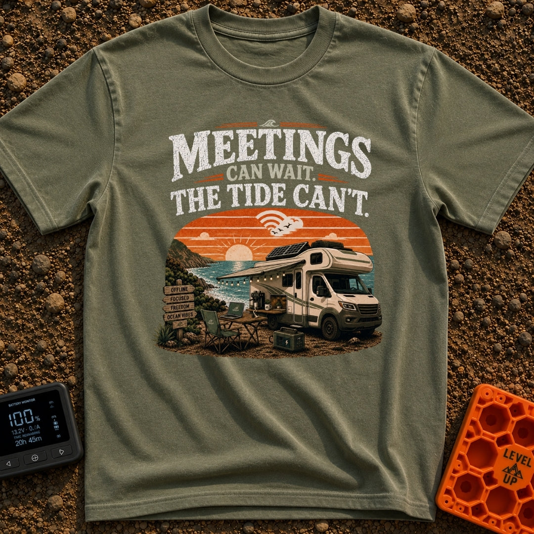 Catch Tides Not Meetings - T-Shirt in Moss - A white motorhome parked on a rocky coastline at sunset, featuring a...