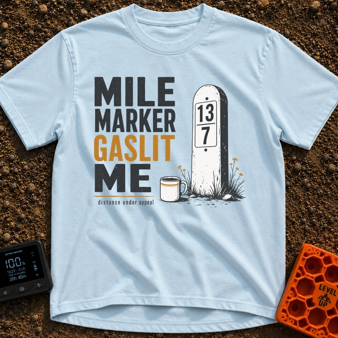 Mile Marker Mystique - T-Shirt in Chambray - The design features the text "MILE MARKER GASLIT ME" and "distance under...