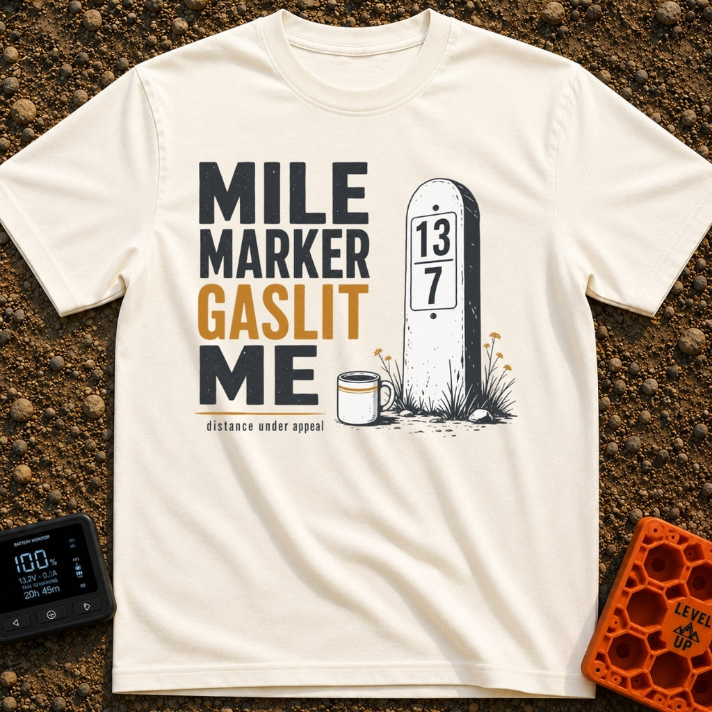 Mile Marker Mystique - T-Shirt in Ivory - The design features the text "MILE MARKER GASLIT ME" and "distance under...