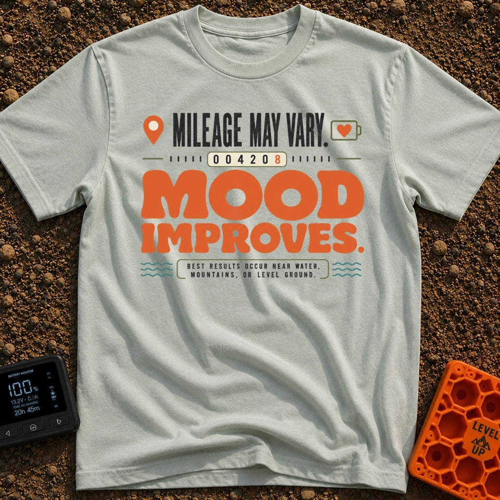 Mileage May Improve Mood - T-Shirt in Bay - A typographical design with the text 'Mileage May Vary' and 'Mood Improves'...