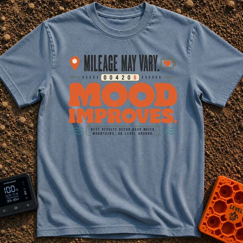 Mileage May Improve Mood - T-Shirt in Blue Jean - A typographical design with the text 'Mileage May Vary' and 'Mood...