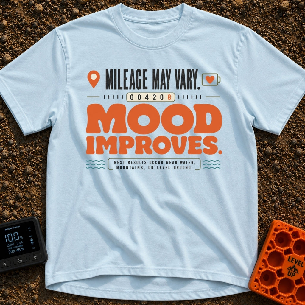 Mileage May Improve Mood - T-Shirt in Chambray - A typographical design with the text 'Mileage May Vary' and 'Mood...