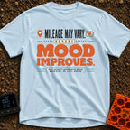 Mileage May Improve Mood - T-Shirt in Chambray - A typographical design with the text 'Mileage May Vary' and 'Mood...