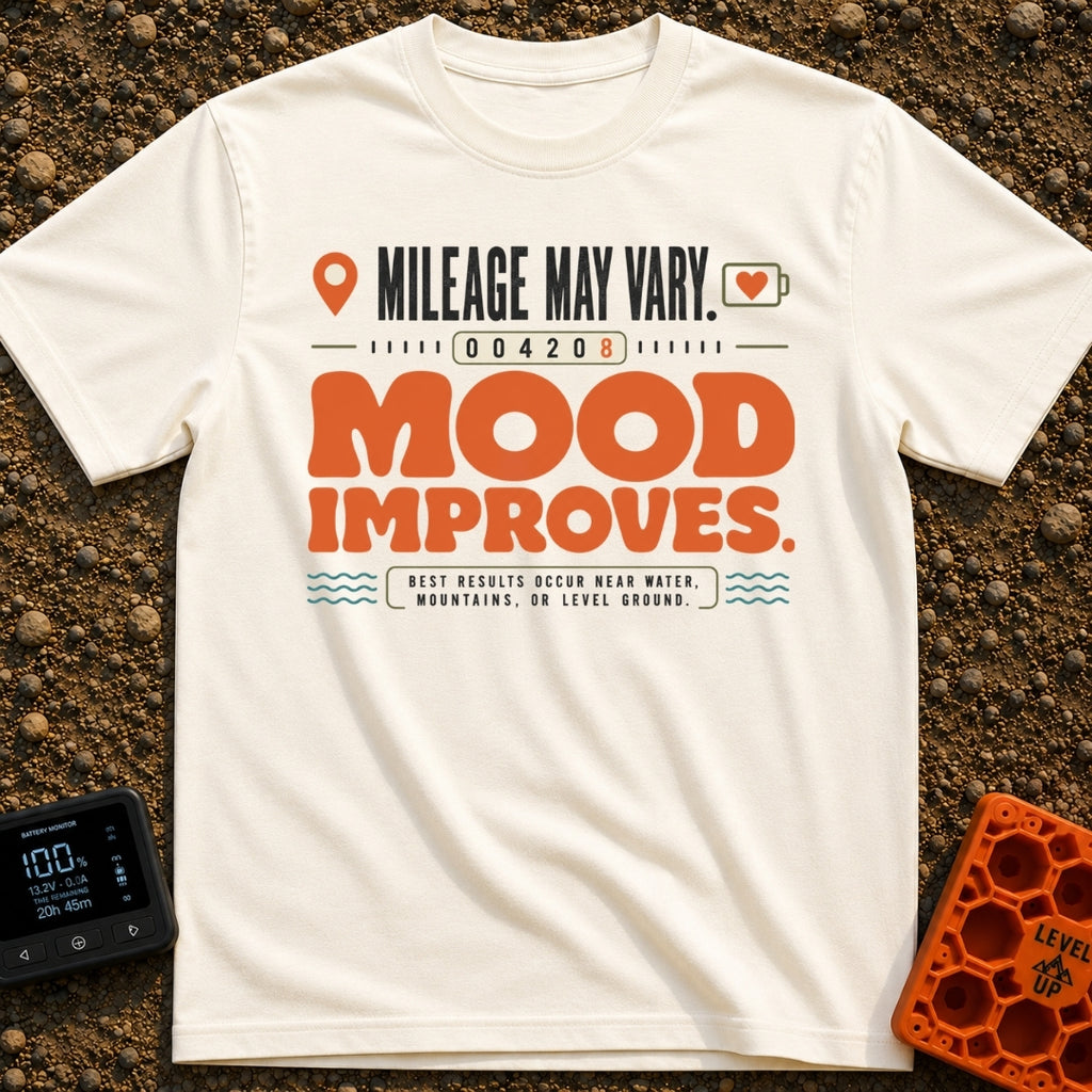 Mileage May Improve Mood - T-Shirt in Ivory - A typographical design with the text 'Mileage May Vary' and 'Mood Improves'...