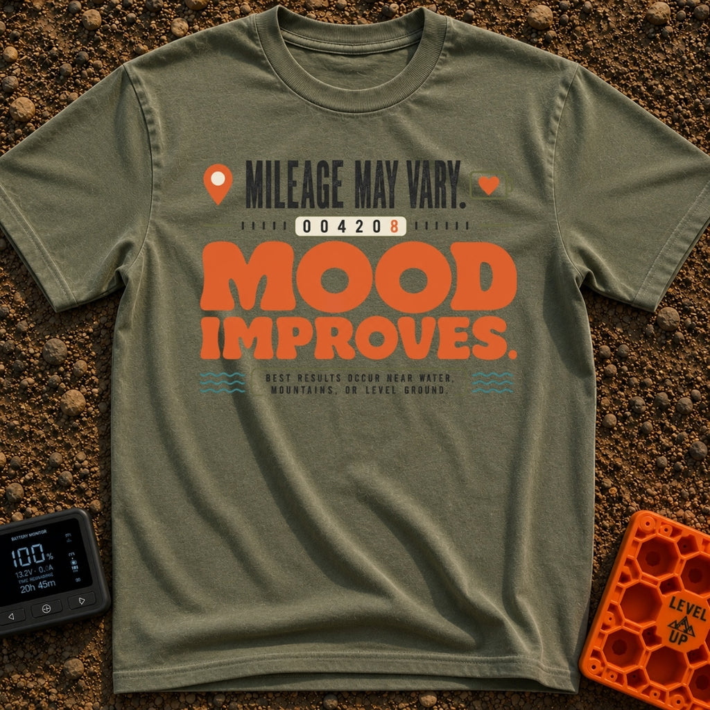Mileage May Improve Mood - T-Shirt in Moss - A typographical design with the text 'Mileage May Vary' and 'Mood Improves'...