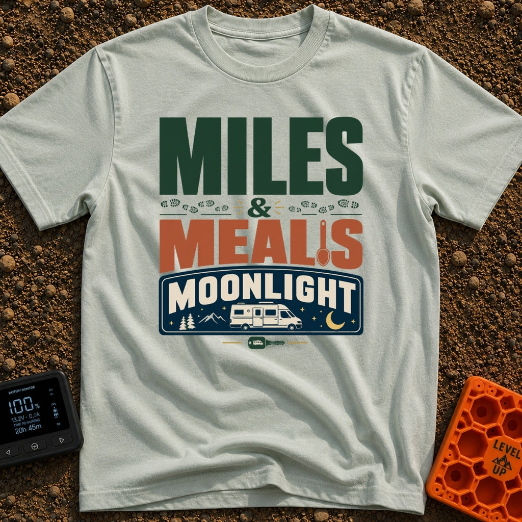 Miles, Meals, Moonlight - T-Shirt in Bay - A typographic design reading "MILES & MEALS MOONLIGHT" featuring hiking boot...