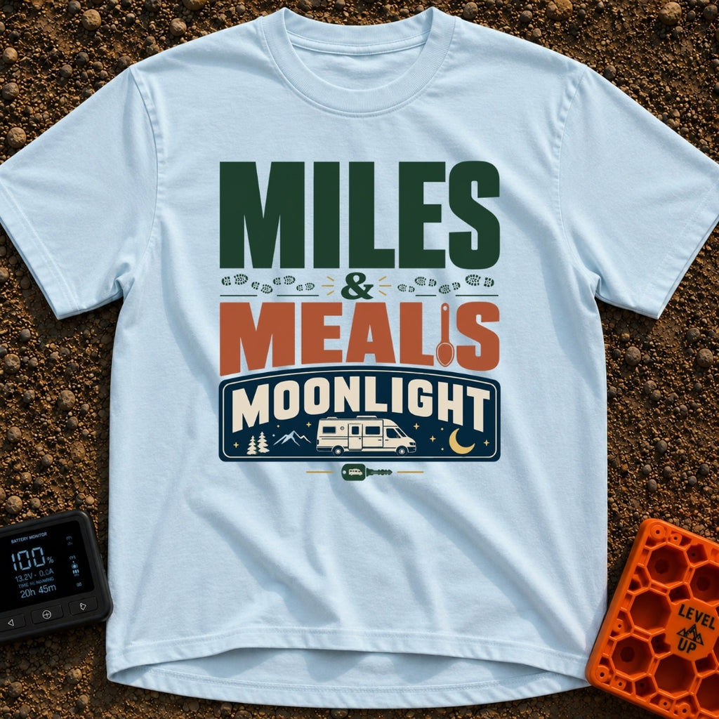 Miles, Meals, Moonlight - T-Shirt in Chambray - A typographic design reading "MILES & MEALS MOONLIGHT" featuring hiking...
