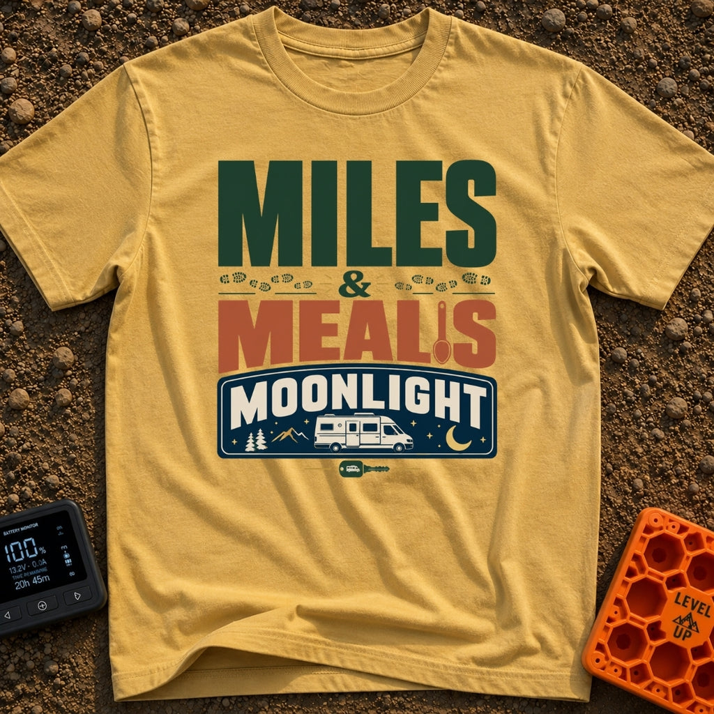 Miles, Meals, Moonlight - T-Shirt in Mustard - A typographic design reading "MILES & MEALS MOONLIGHT" featuring hiking...