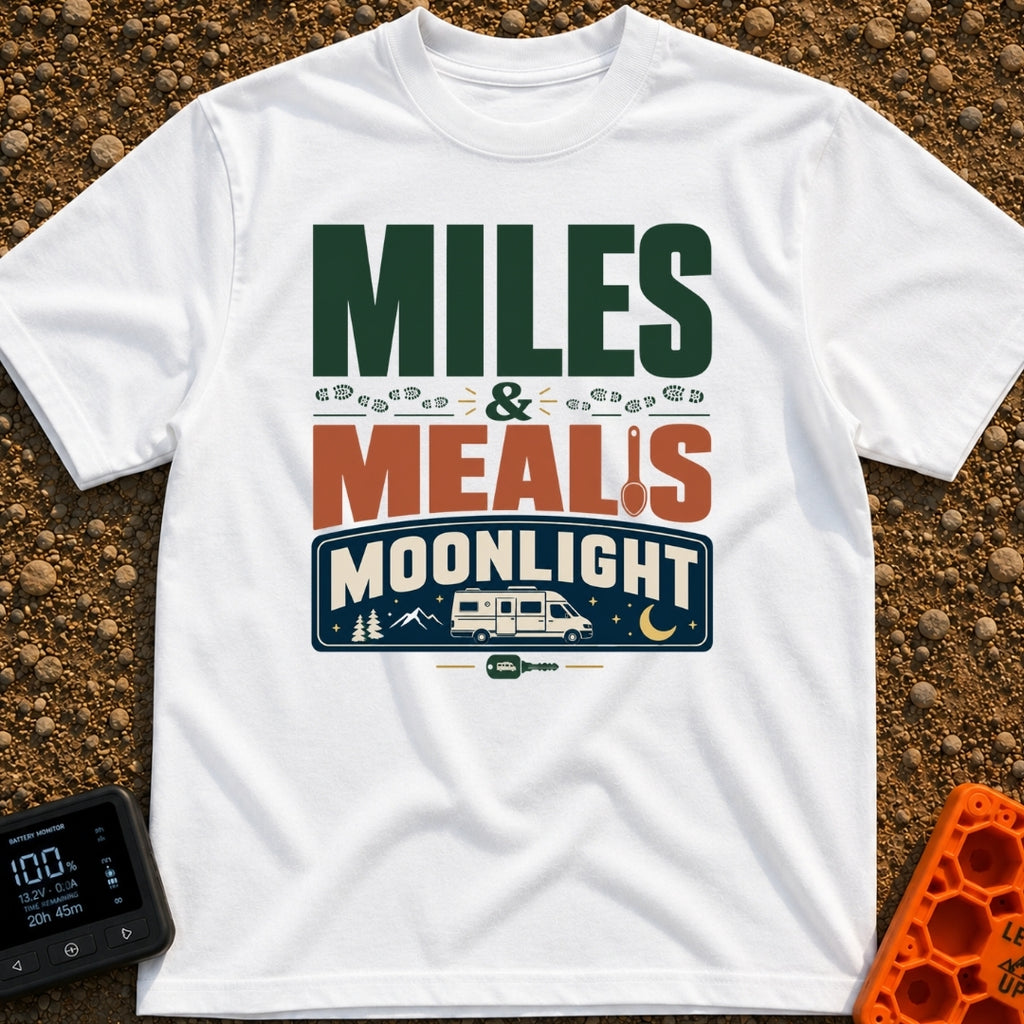 Miles, Meals, Moonlight - T-Shirt in White - A typographic design reading "MILES & MEALS MOONLIGHT" featuring hiking boot...