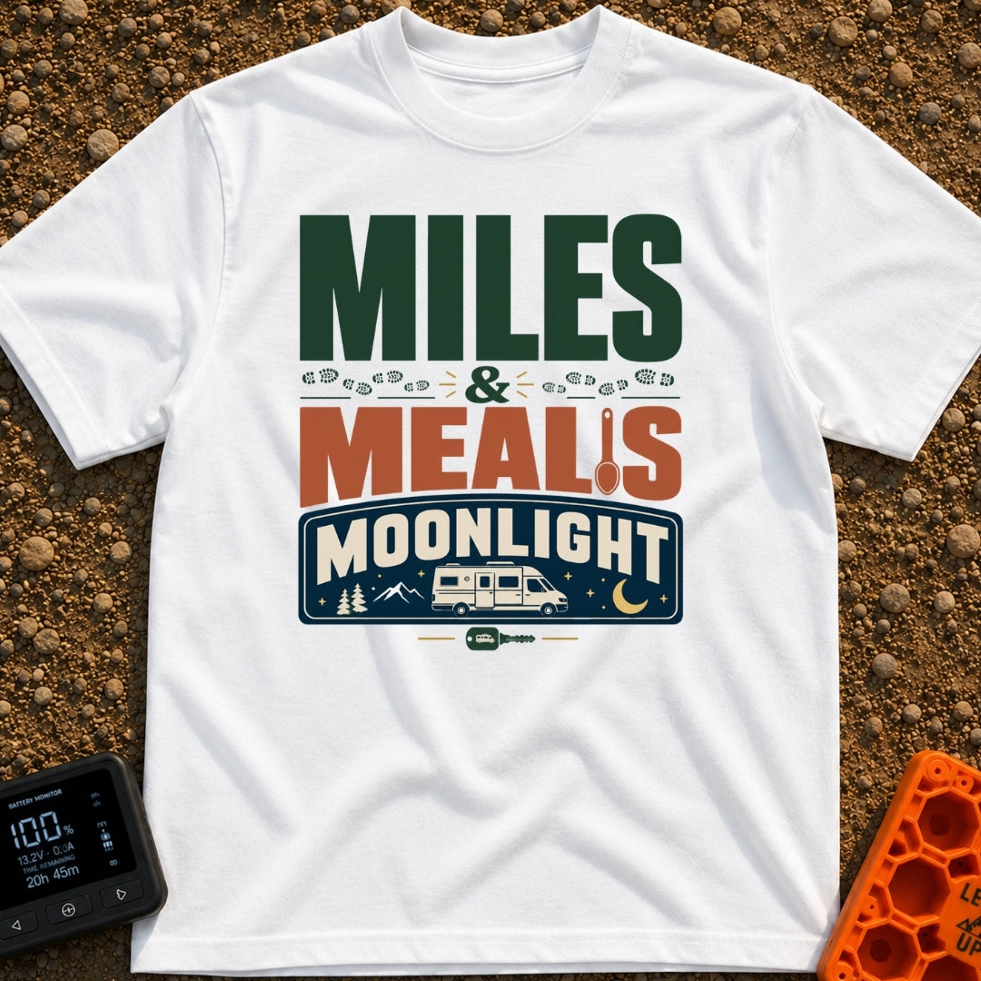 Miles, Meals, Moonlight - T-Shirt in White - A typographic design reading "MILES & MEALS MOONLIGHT" featuring hiking boot...