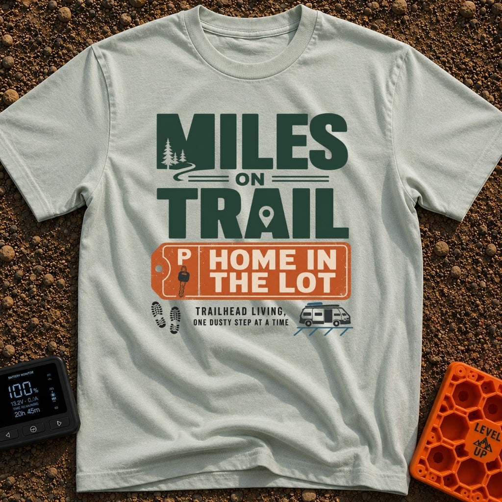 Trail Miles Lot Life - T-Shirt in Bay - A graphic design with the text "Miles On Trail, Home In The Lot" alongside...