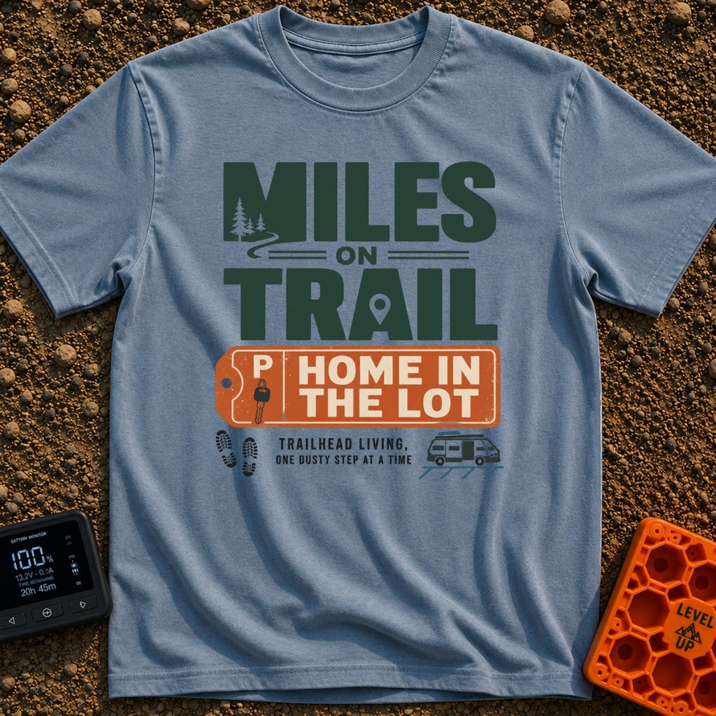 Trail Miles Lot Life - T-Shirt in Blue Jean - A graphic design with the text "Miles On Trail, Home In The Lot" alongside...