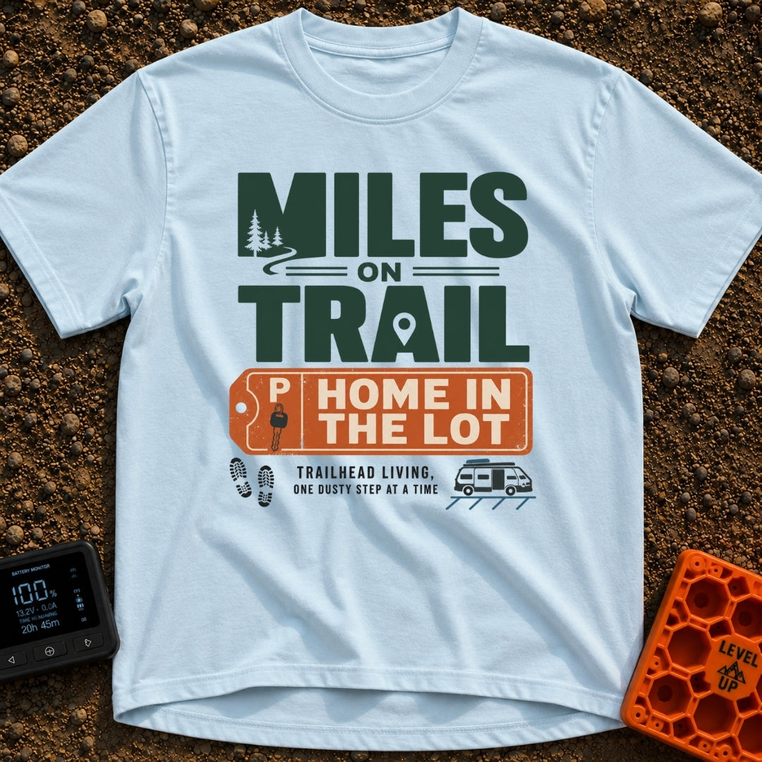 Trail Miles Lot Life - T-Shirt in Chambray - A graphic design with the text "Miles On Trail, Home In The Lot" alongside...