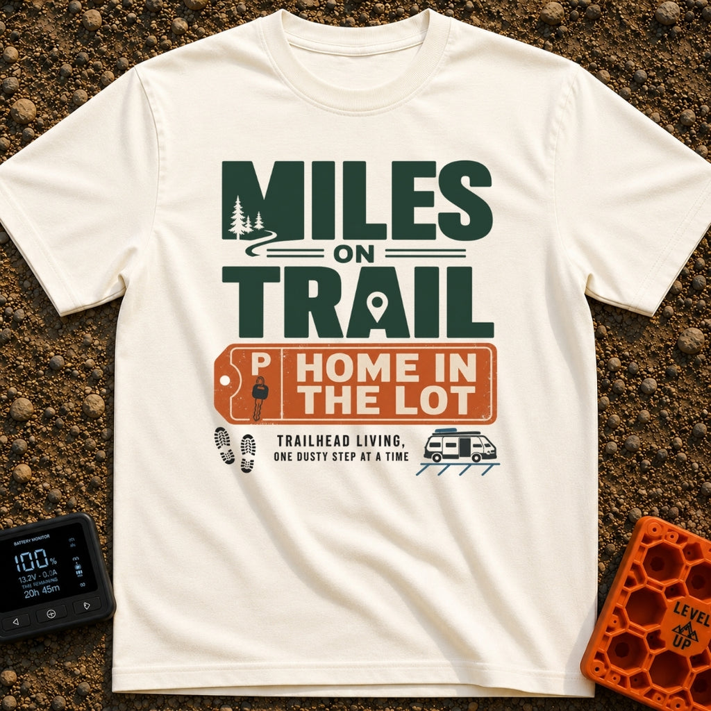 Trail Miles Lot Life - T-Shirt in Ivory - A graphic design with the text "Miles On Trail, Home In The Lot" alongside...