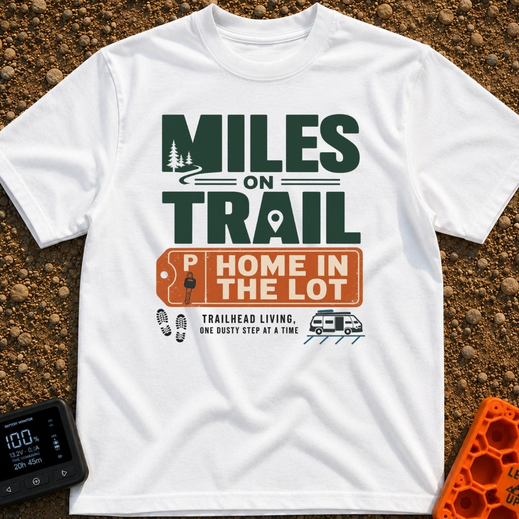 Trail Miles Lot Life - T-Shirt in White - A graphic design with the text "Miles On Trail, Home In The Lot" alongside...