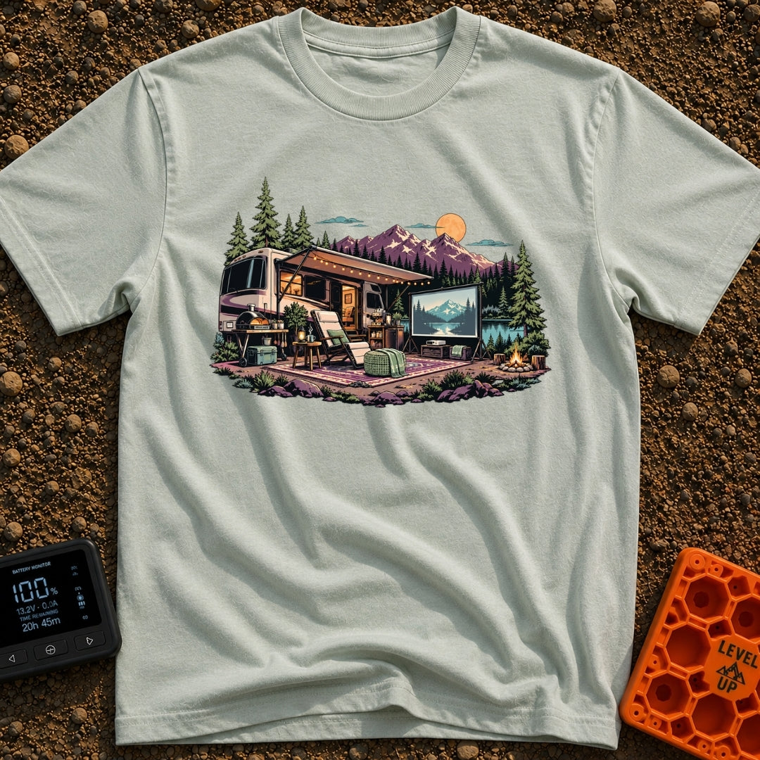 No Remote Required - T-Shirt in Bay - An illustration of a large motorhome parked by a mountain lake at dusk, featuring...