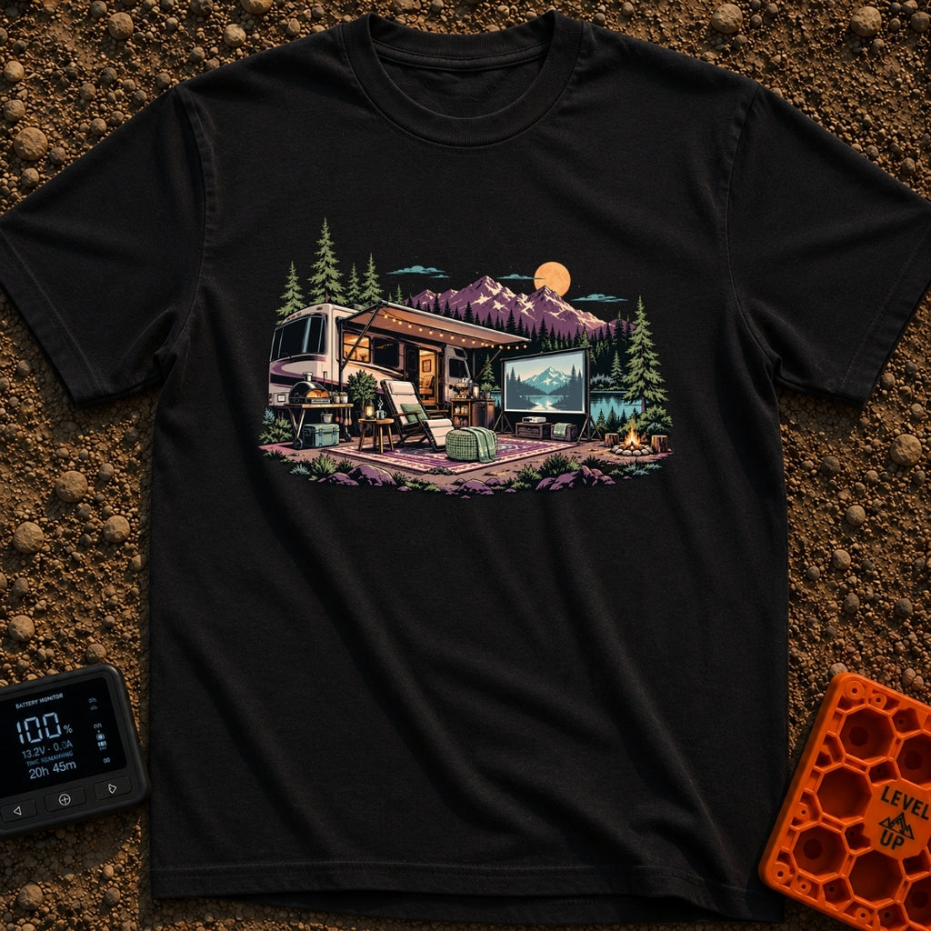 No Remote Required - T-Shirt in Black - An illustration of a large motorhome parked by a mountain lake at dusk, featuring...