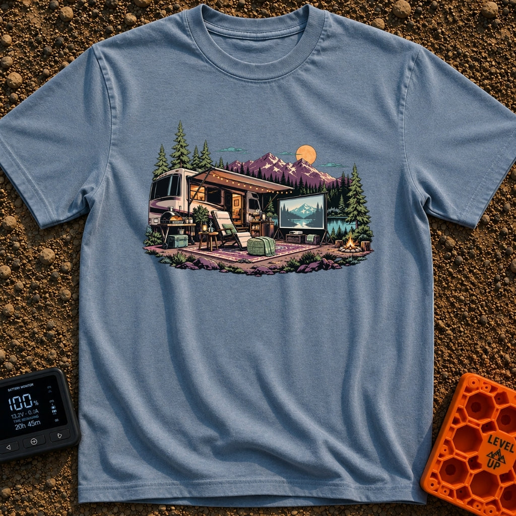 No Remote Required - T-Shirt in Blue Jean - An illustration of a large motorhome parked by a mountain lake at dusk,...