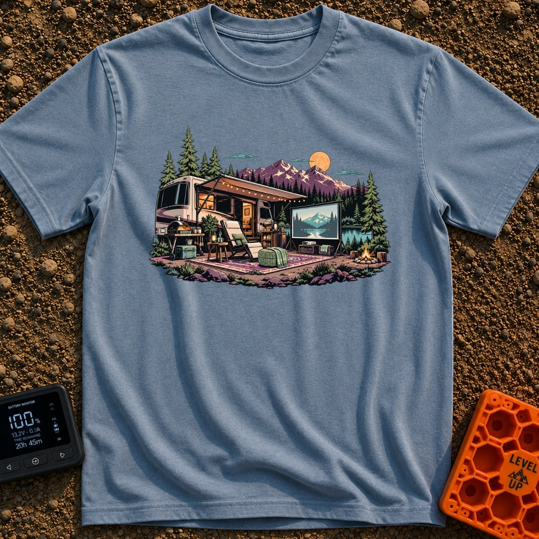 No Remote Required - T-Shirt in Blue Jean - An illustration of a large motorhome parked by a mountain lake at dusk,...