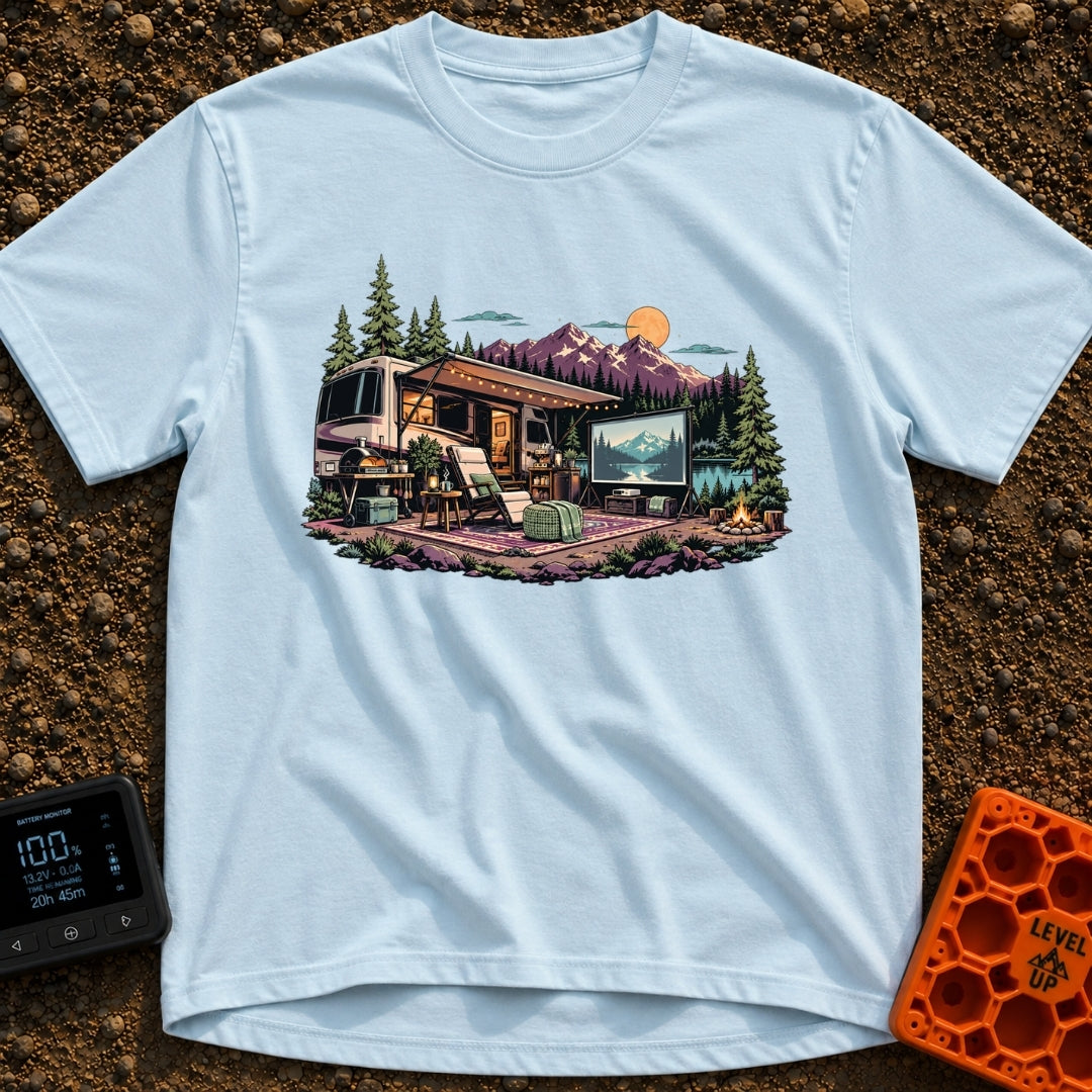 No Remote Required - T-Shirt in Chambray - An illustration of a large motorhome parked by a mountain lake at dusk,...