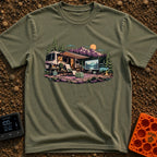 No Remote Required - T-Shirt in Moss - An illustration of a large motorhome parked by a mountain lake at dusk, featuring...