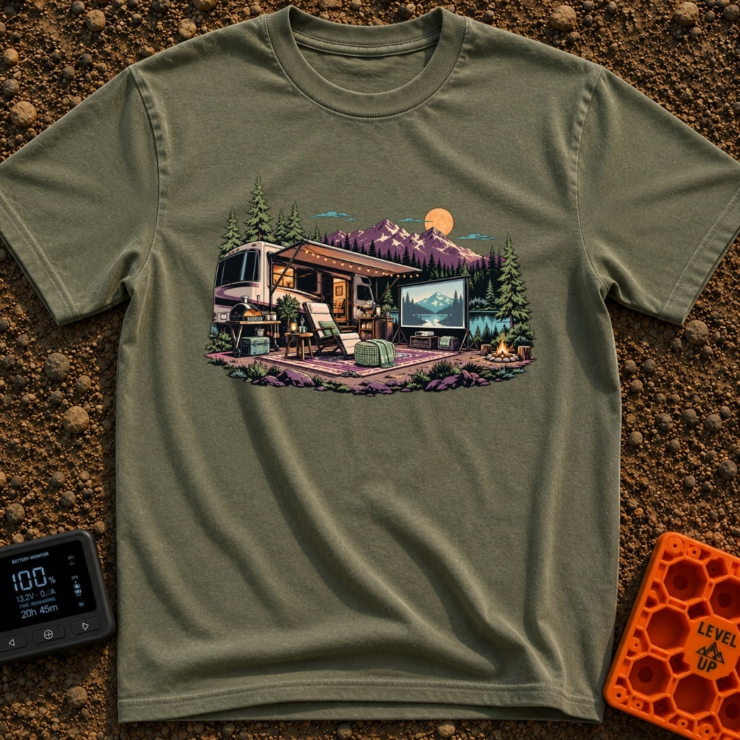 No Remote Required - T-Shirt in Moss - An illustration of a large motorhome parked by a mountain lake at dusk, featuring...