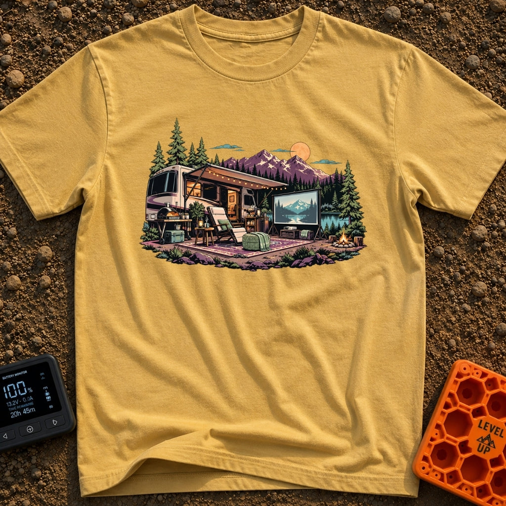 No Remote Required - T-Shirt in Mustard - An illustration of a large motorhome parked by a mountain lake at dusk,...