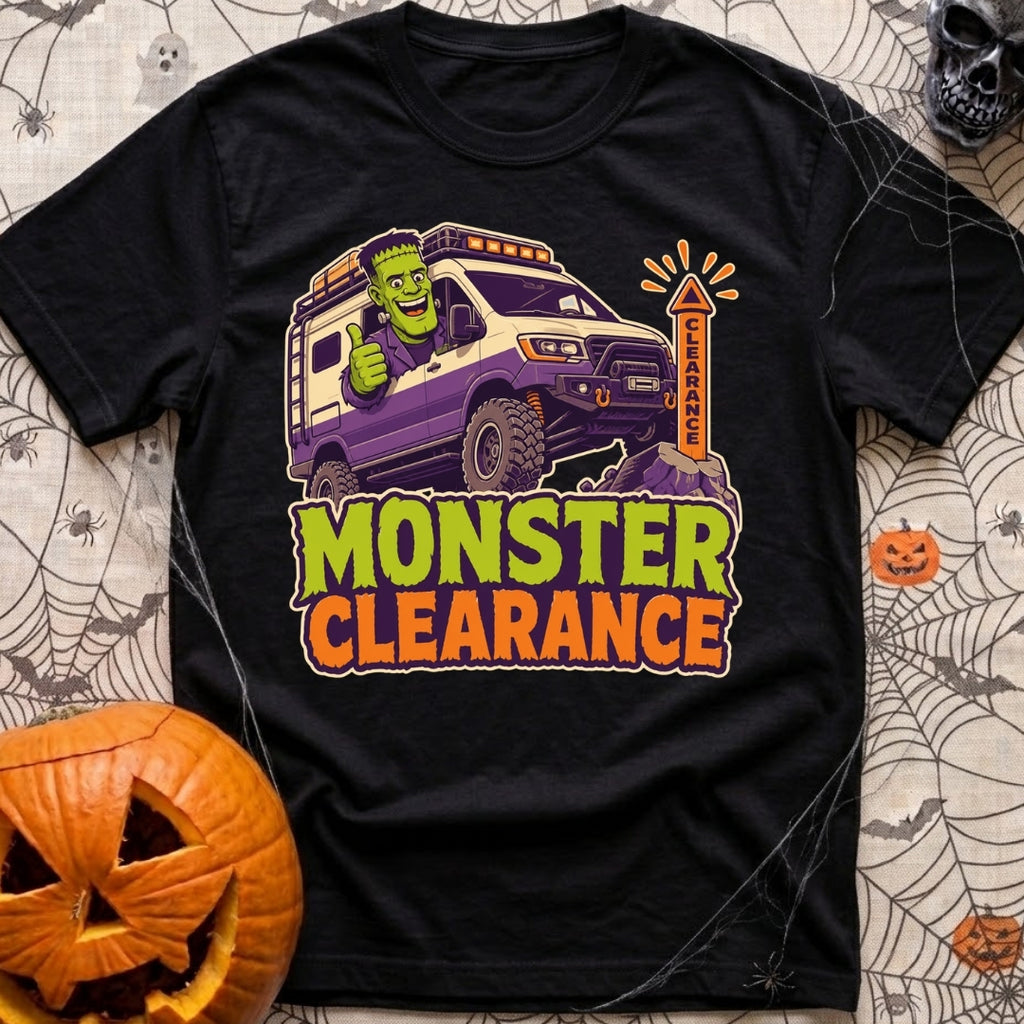 Low Clearance Monster - T-Shirt in Black - A cartoon illustration of Frankenstein's monster giving a thumbs-up from the...