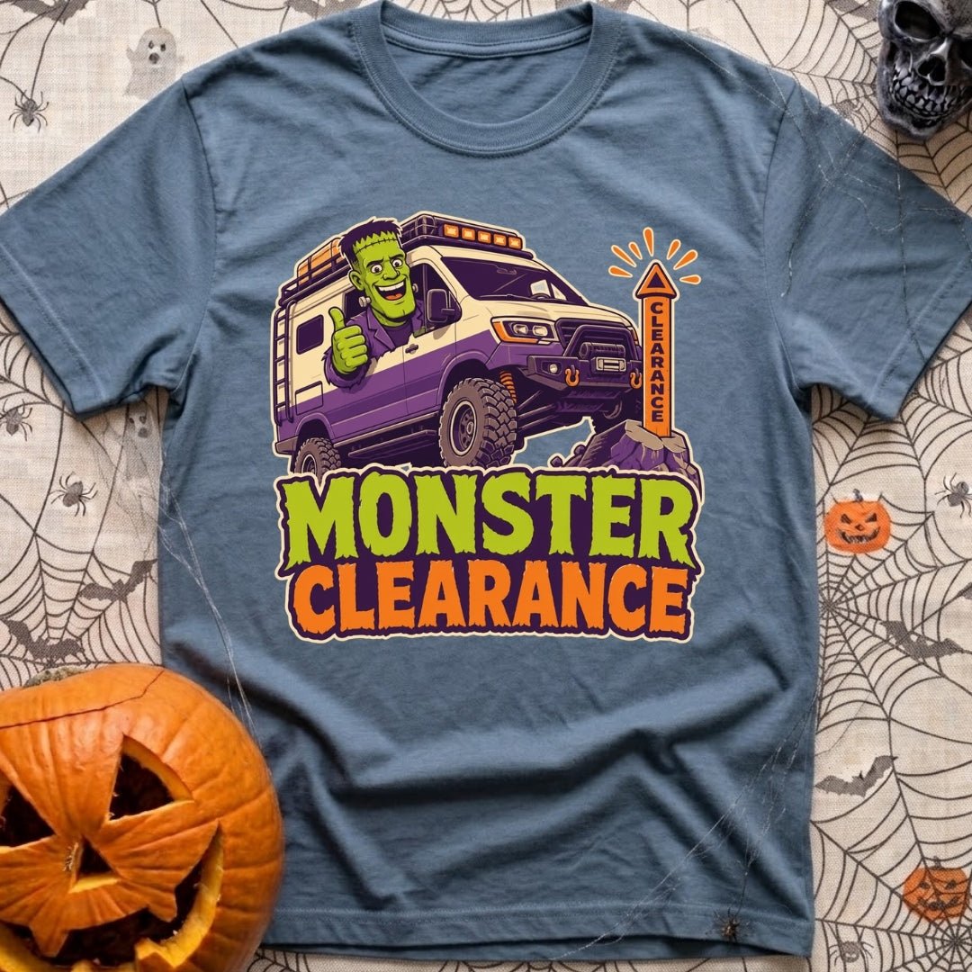 Low Clearance Monster - T-Shirt in Blue Jean - A cartoon illustration of Frankenstein's monster giving a thumbs-up from...