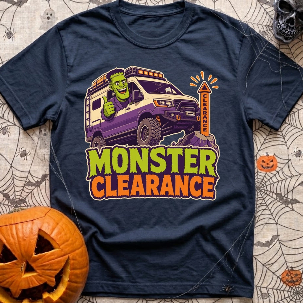 Low Clearance Monster - T-Shirt in Navy - A cartoon illustration of Frankenstein's monster giving a thumbs-up from the...