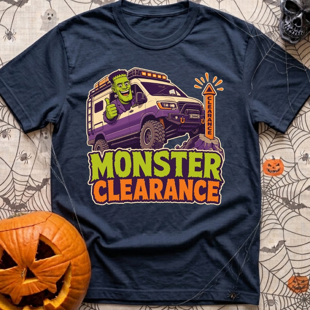 Low Clearance Monster - T-Shirt in Navy - A cartoon illustration of Frankenstein's monster giving a thumbs-up from the...
