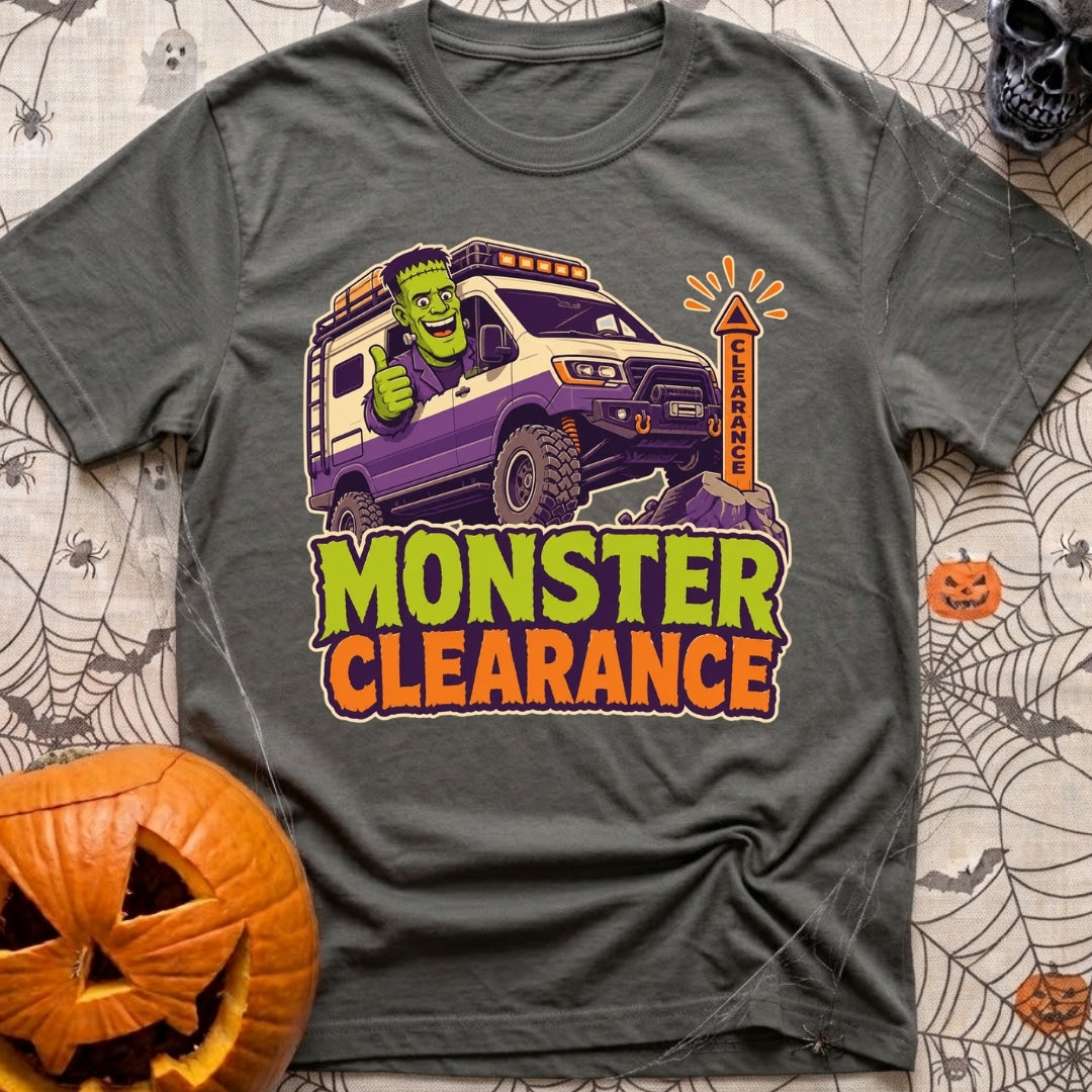 Low Clearance Monster - T-Shirt in Pepper - A cartoon illustration of Frankenstein's monster giving a thumbs-up from the...