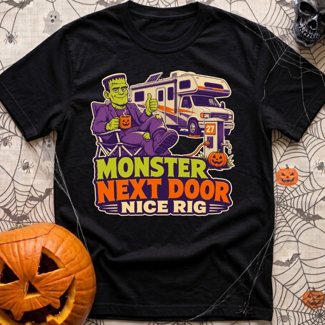 Monster Says Nice Rig - T-Shirt in Black - A cartoon illustration of Frankenstein's monster sitting in a camp chair...