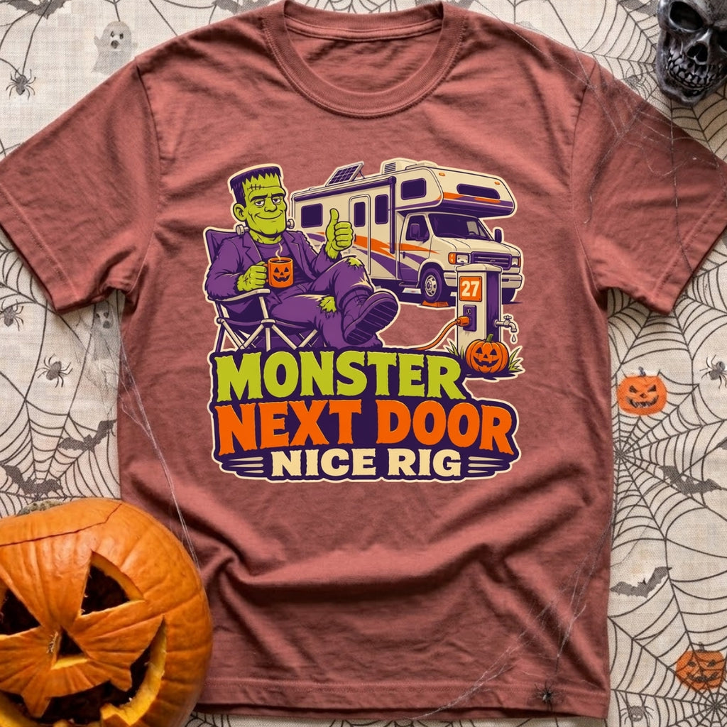 Monster Says Nice Rig - T-Shirt in Brick - A cartoon illustration of Frankenstein's monster sitting in a camp chair...