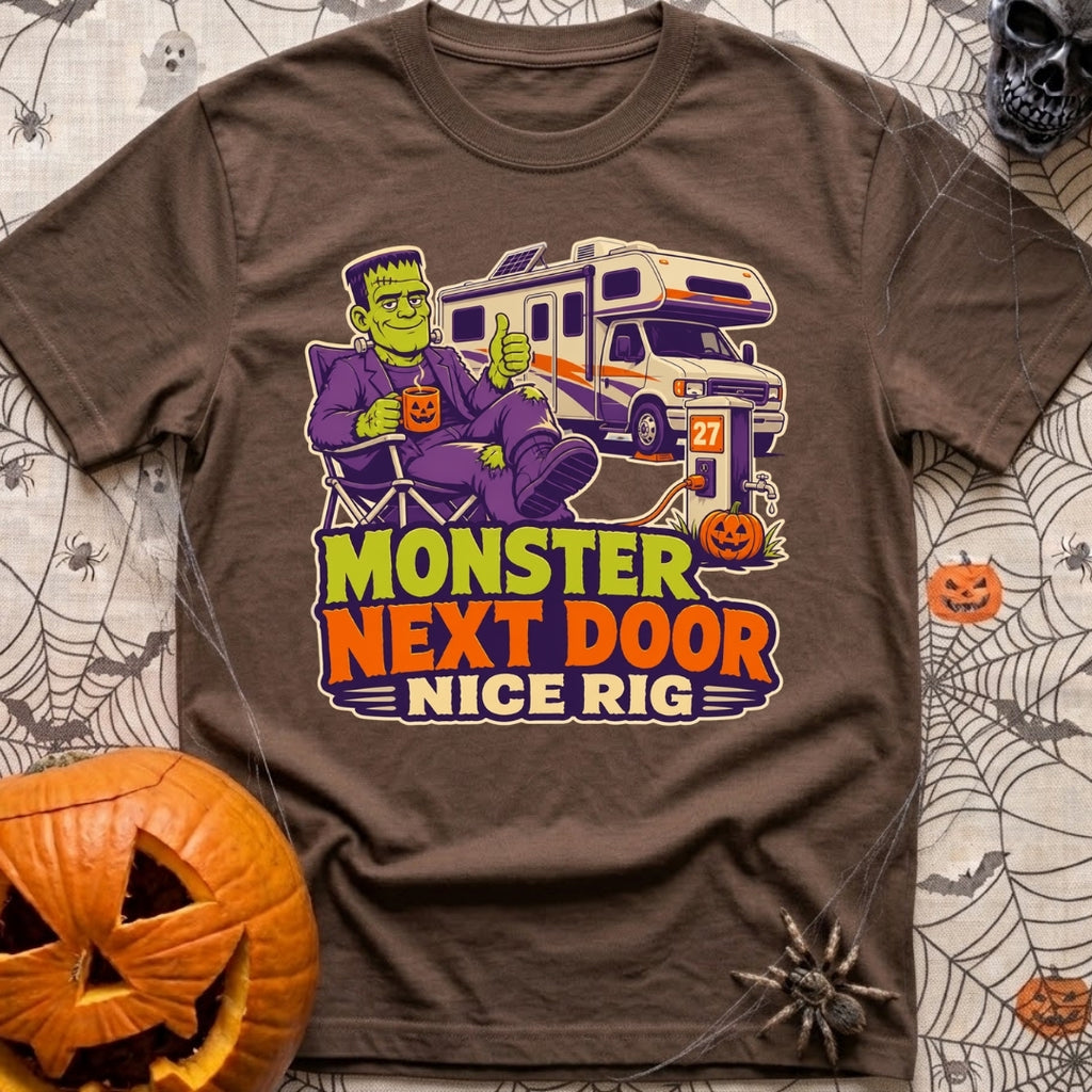 Monster Says Nice Rig - T-Shirt in Espresso - A cartoon illustration of Frankenstein's monster sitting in a camp chair...