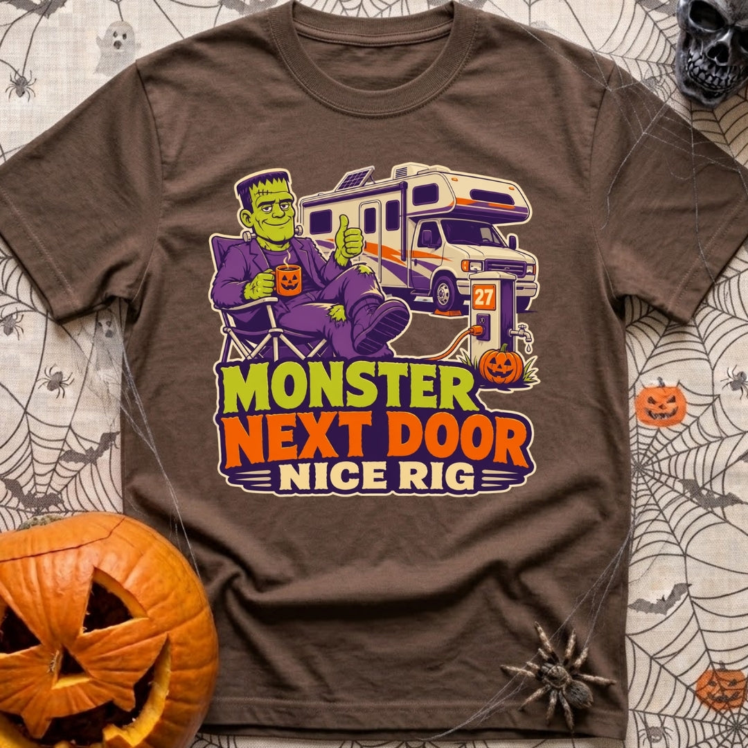 Monster Says Nice Rig - T-Shirt in Espresso - A cartoon illustration of Frankenstein's monster sitting in a camp chair...