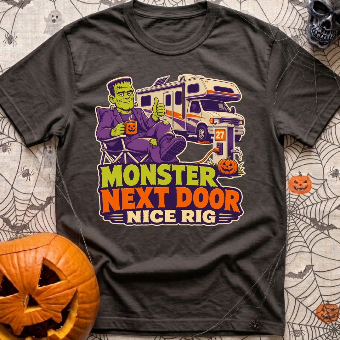 Monster Says Nice Rig - T-Shirt in Graphite - A cartoon illustration of Frankenstein's monster sitting in a camp chair...