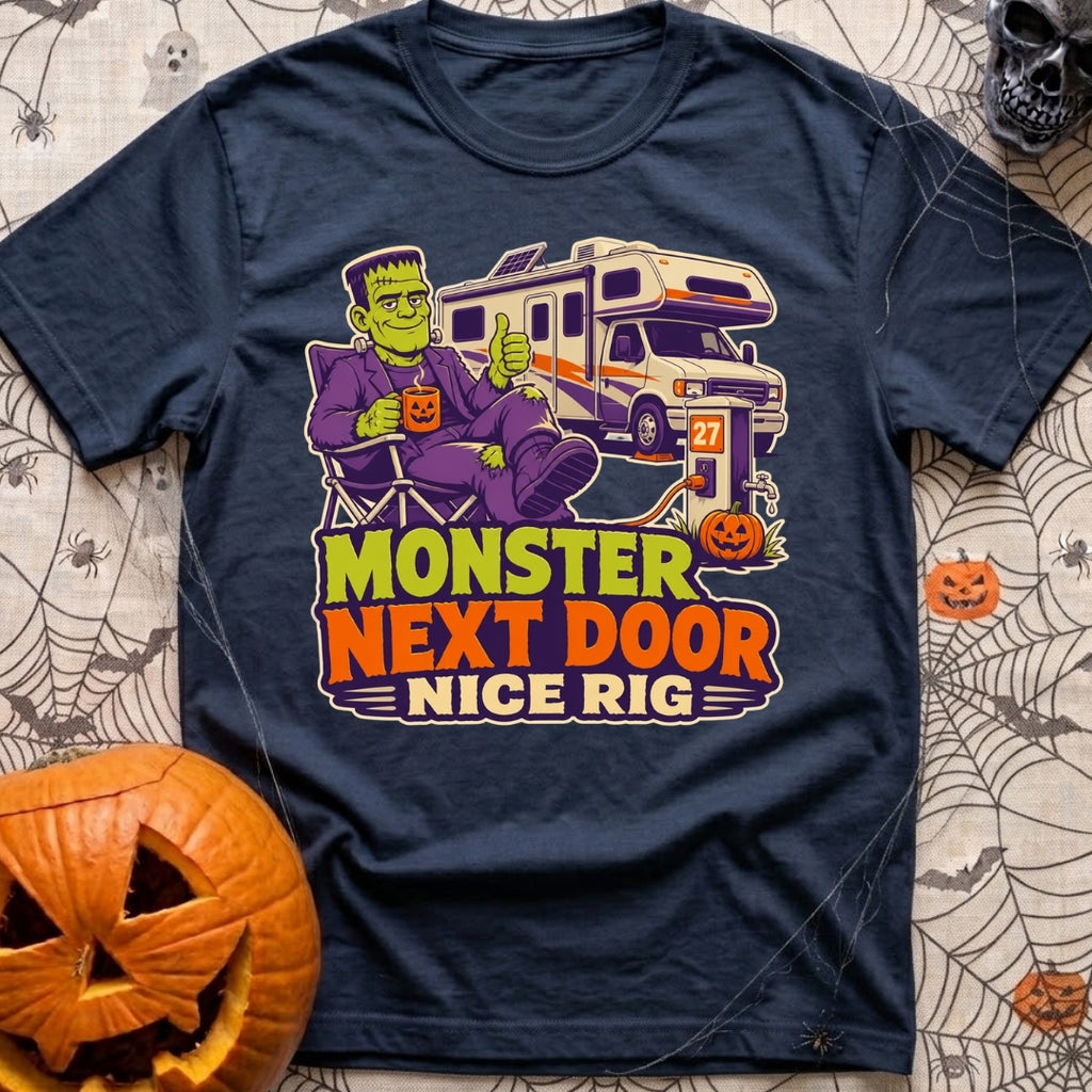 Monster Says Nice Rig - T-Shirt in Navy - A cartoon illustration of Frankenstein's monster sitting in a camp chair giving...